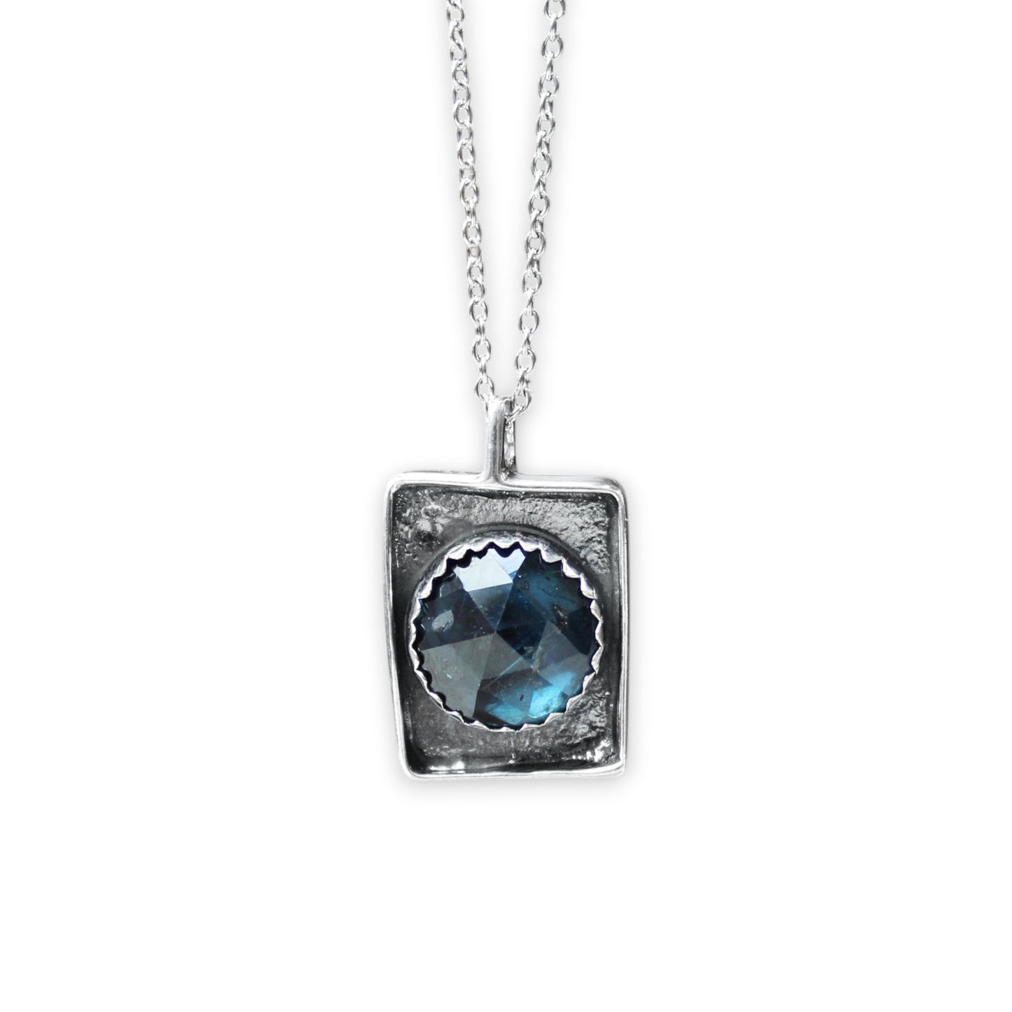 Rustic Rose Cut Teal Kyanite Box Pendant on Adjustable Stainless Steel Chain