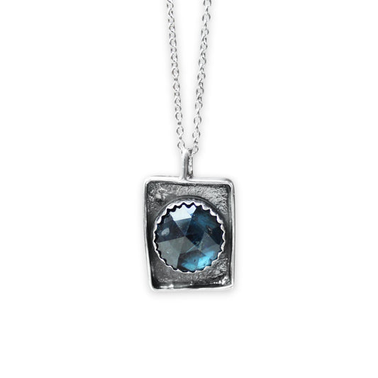 Rustic Rose Cut Teal Kyanite Box Pendant on Adjustable Stainless Steel Chain