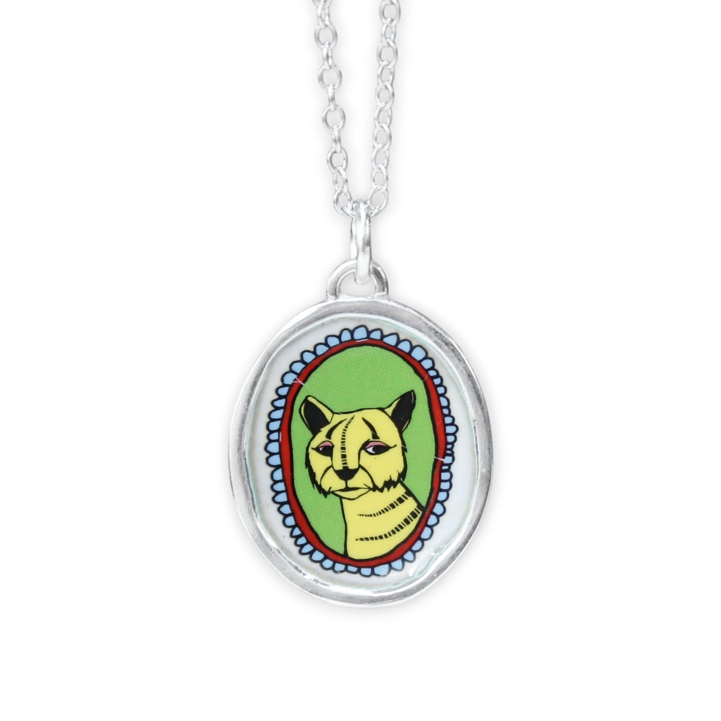 Tiger Portrait Pendant in Sterling Silver and Enamel