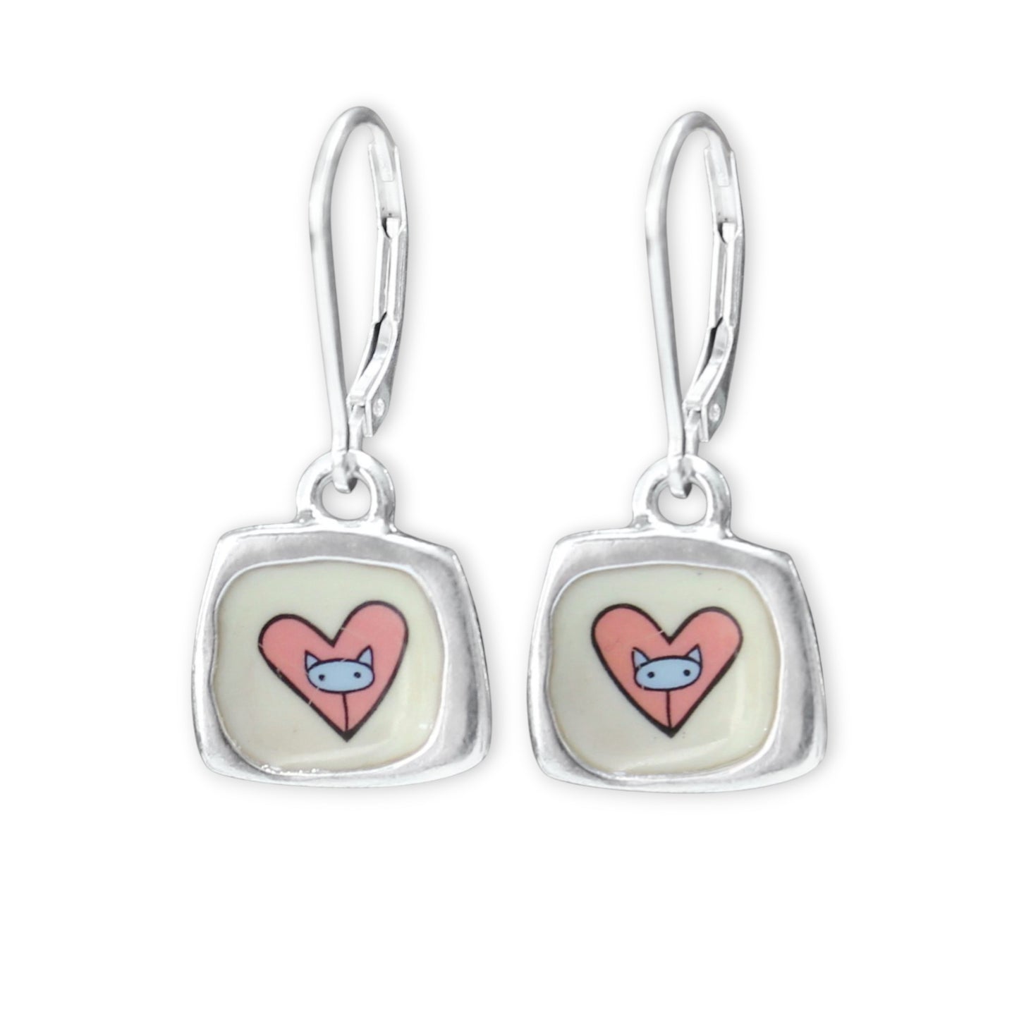 Dainty Cat Heart Earrings - Enamel and Sterling Earrings on Lever Back Ear Wires