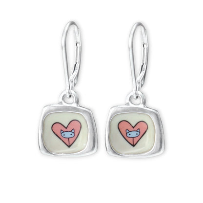 Dainty Cat Heart Earrings - Enamel and Sterling Earrings on Lever Back Ear Wires
