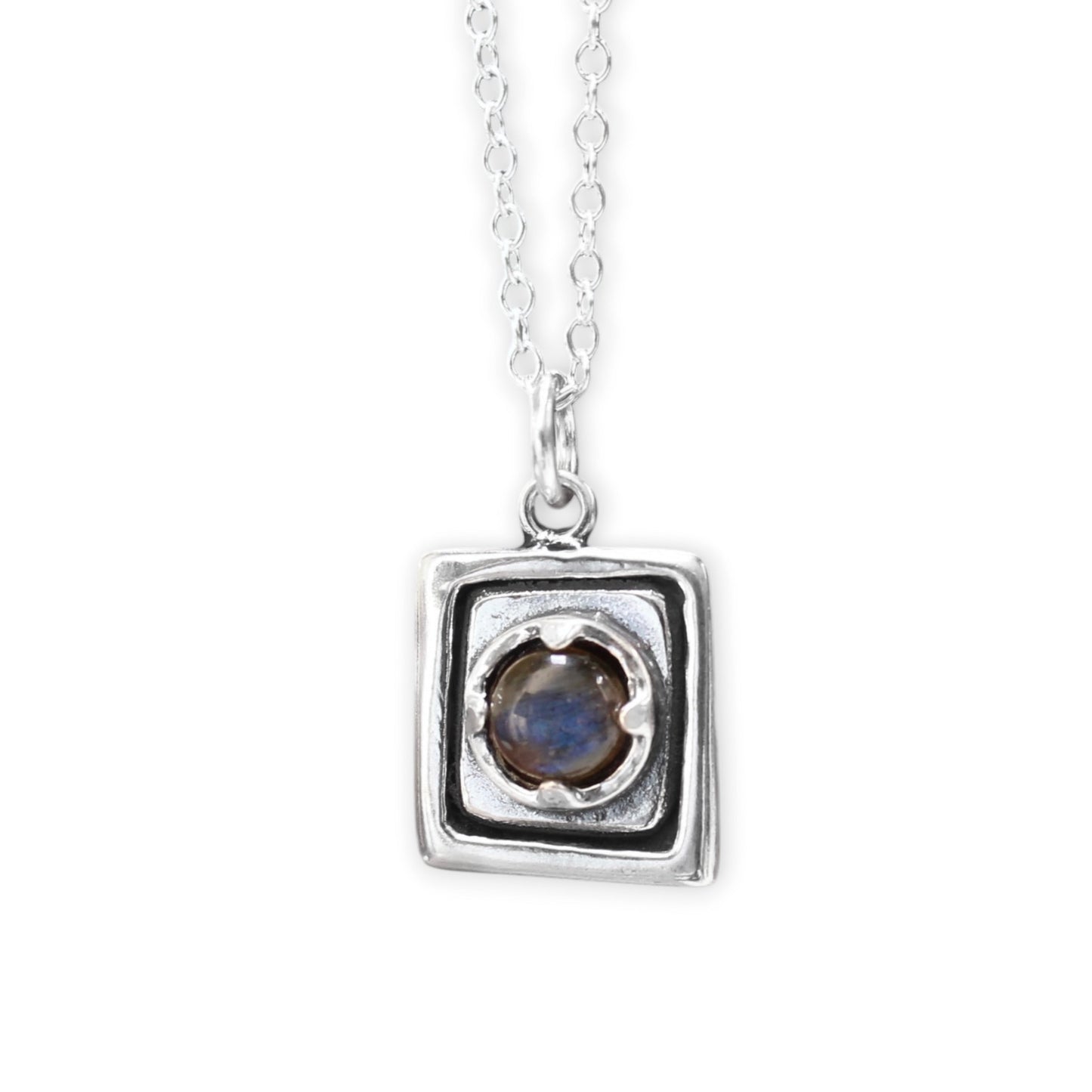 Rustic Square Prong Set Labradorite Pendant Necklace on Adjustable Chain