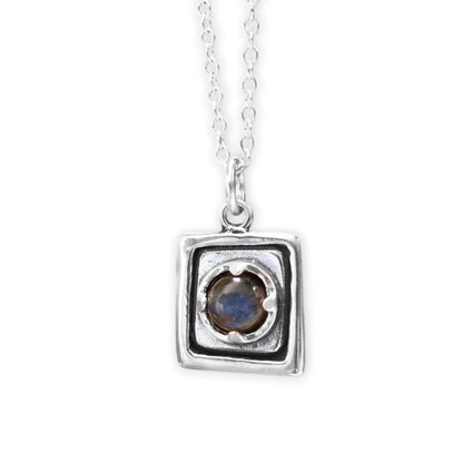 Rustic Square Prong Set Labradorite Pendant Necklace on Adjustable Chain