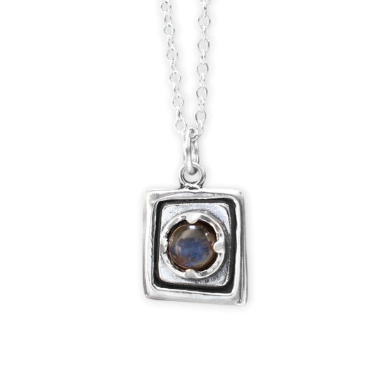 Rustic Square Prong Set Labradorite Pendant Necklace on Adjustable Chain