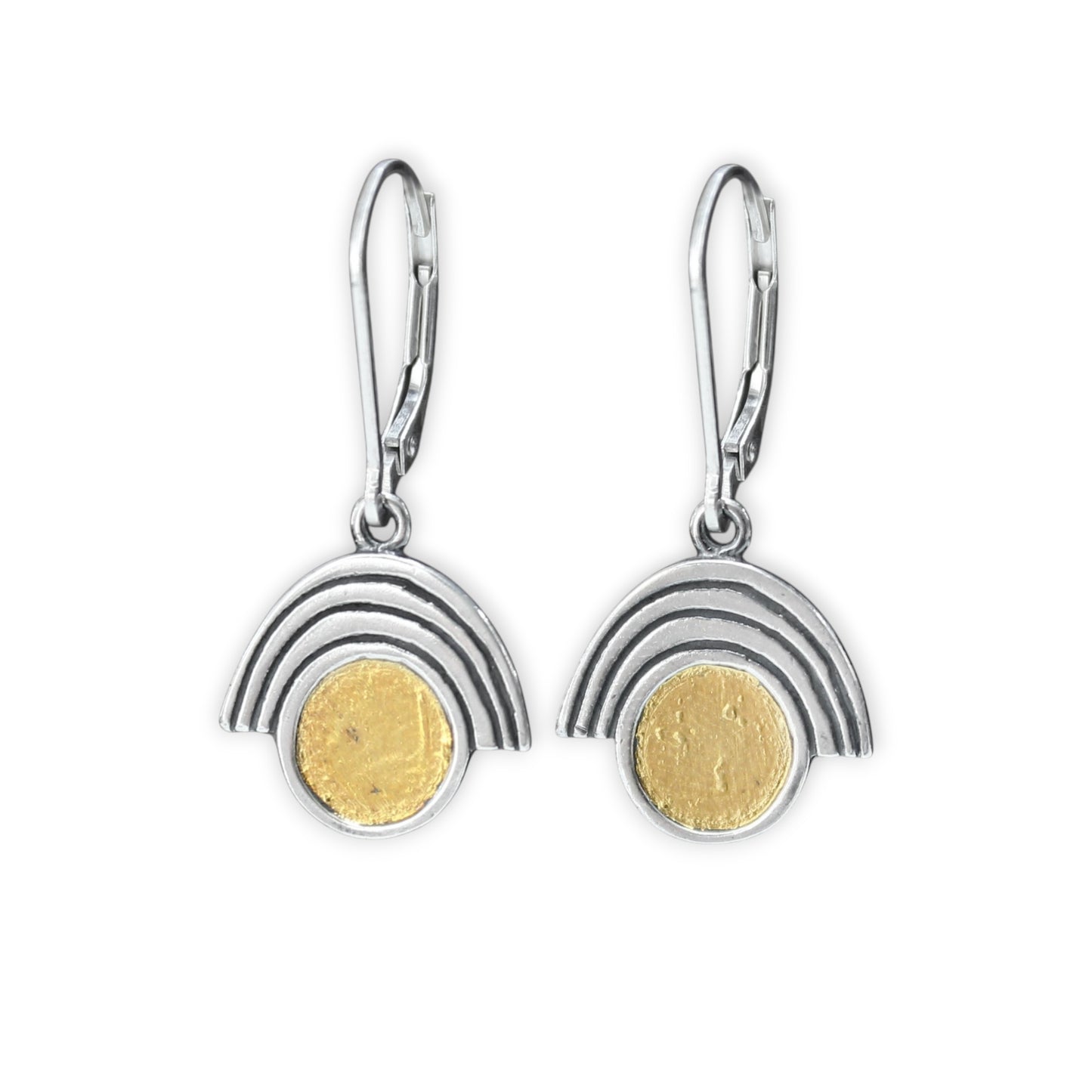 Sterling Silver and 24k Gold Art Deco Style Earrings on Lever Back Ear Wires
