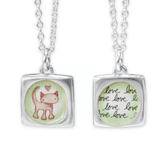 Reversible Love Cat Necklace - Sterling Silver and Enamel Kitten Love Pendant