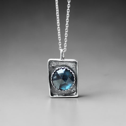 Rustic Rose Cut Teal Kyanite Box Pendant on Adjustable Stainless Steel Chain