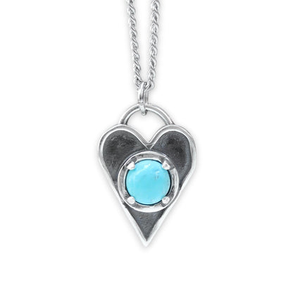 Sterling Silver Heart Necklace: Blue 8mm Turquoise on 24 Inch Stainless Curb Chain