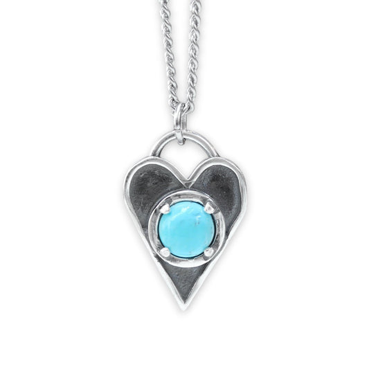 Sterling Silver Heart Necklace: Blue 8mm Turquoise on 24 Inch Stainless Curb Chain