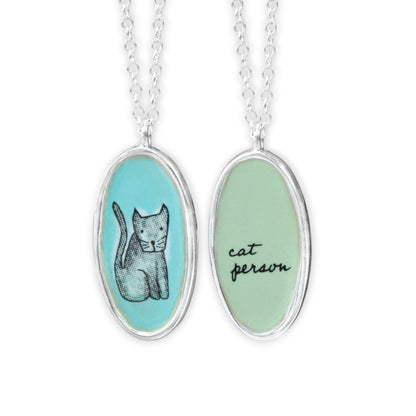 Sterling Silver Reversible Cat Charm Necklace - Unique Cat Person Gift on Adjustable Chain
