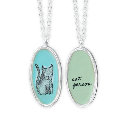 Sterling Silver Reversible Cat Charm Necklace - Unique Cat Person Gift on Adjustable Chain
