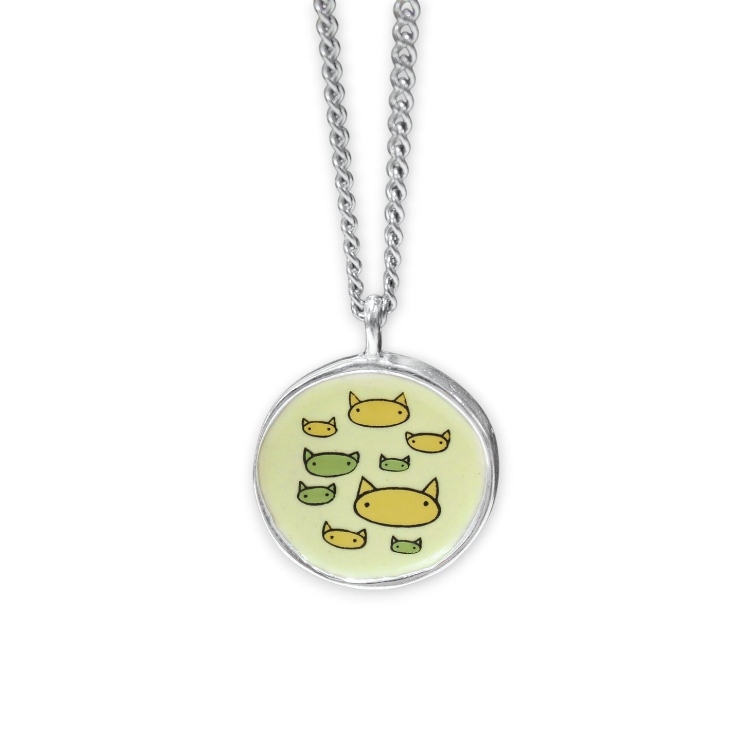 Friends with Cats - Enamel and Sterling Reversible Pendant on 24 Inch Chain