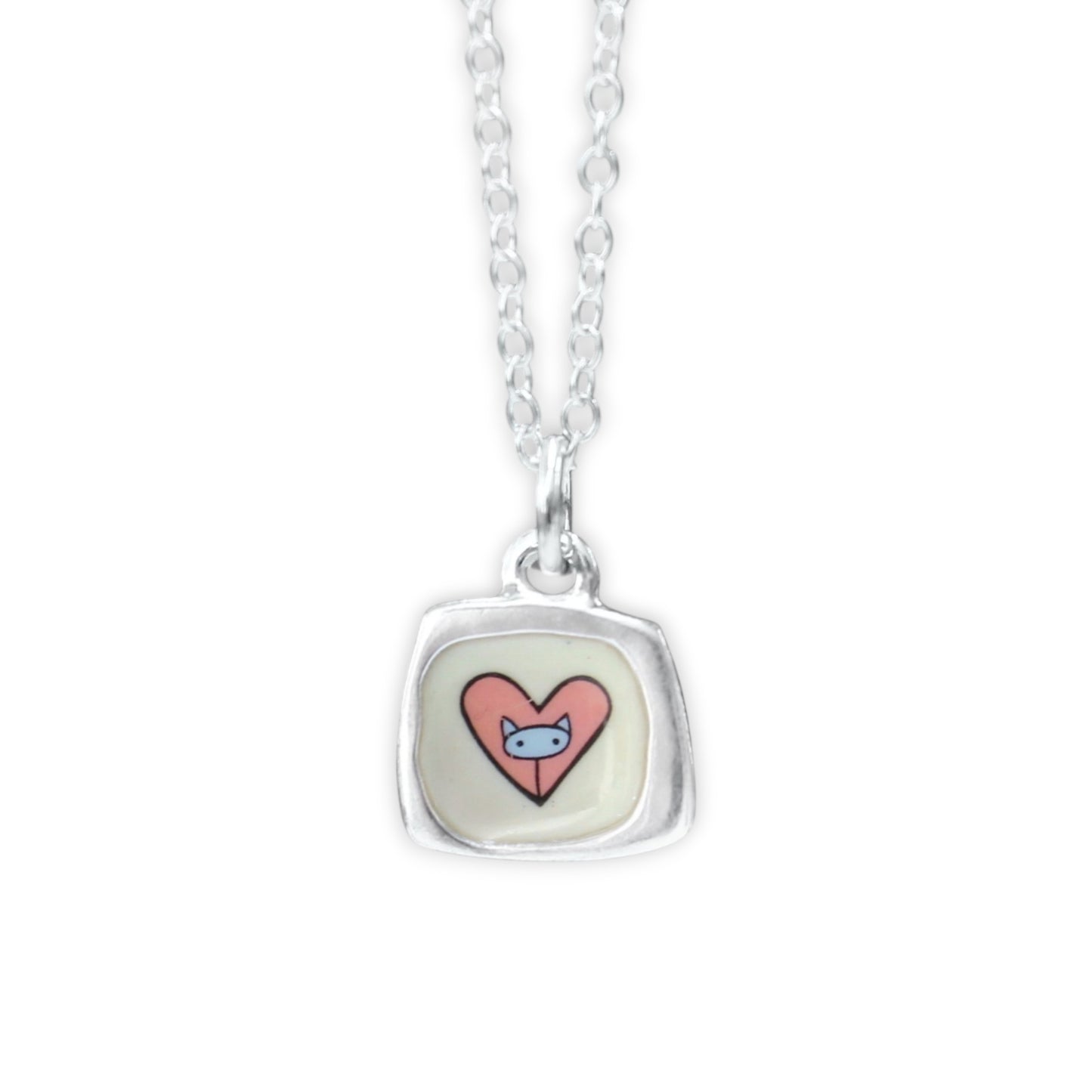 Dainty Cat Heart Necklace - Sterling Silver and Enamel Pendant on Adjustable Chain