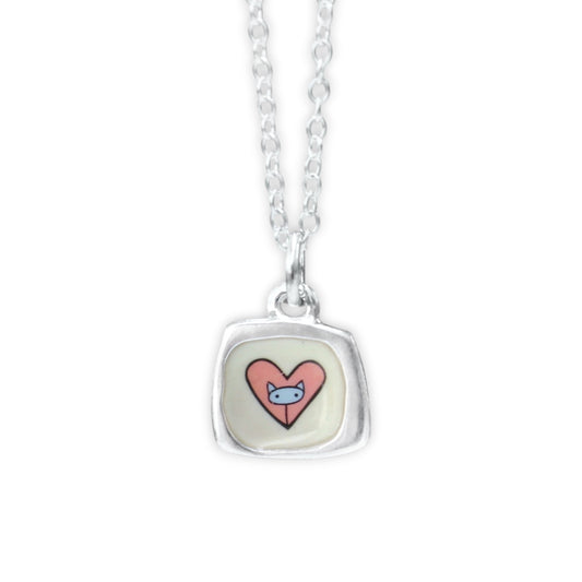 Dainty Cat Heart Necklace - Sterling Silver and Enamel Pendant on Adjustable Chain