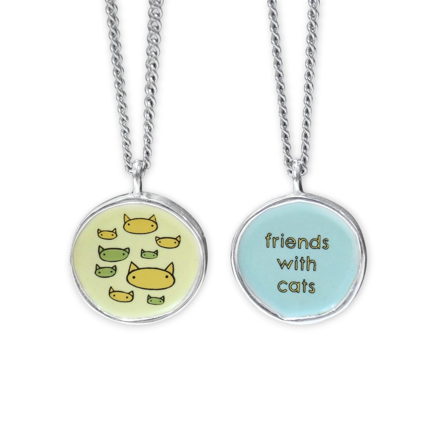 Friends with Cats - Enamel and Sterling Reversible Pendant on 24 Inch Chain