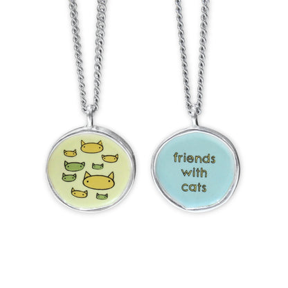 Friends with Cats - Enamel and Sterling Reversible Pendant on 24 Inch Chain