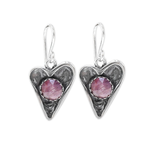 Sterling Silver Heart-Shaped Earrings with Pink Star Sapphires