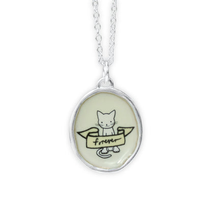Cat Memorial Necklace - Sterling Silver and Enamel Pet Loss Jewelry