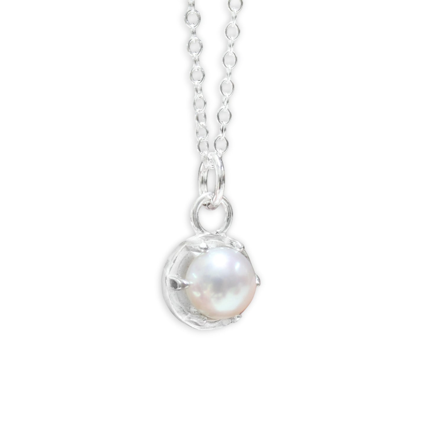 Tiny Pearl Necklace in a Sterling Silver Prong Setting