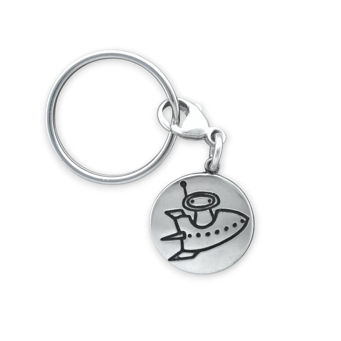 Sterling Silver Aliens in Love Keychain - Cute Rocket Ship Astronaut Key Fob - Alien Family Gift for Men and Women