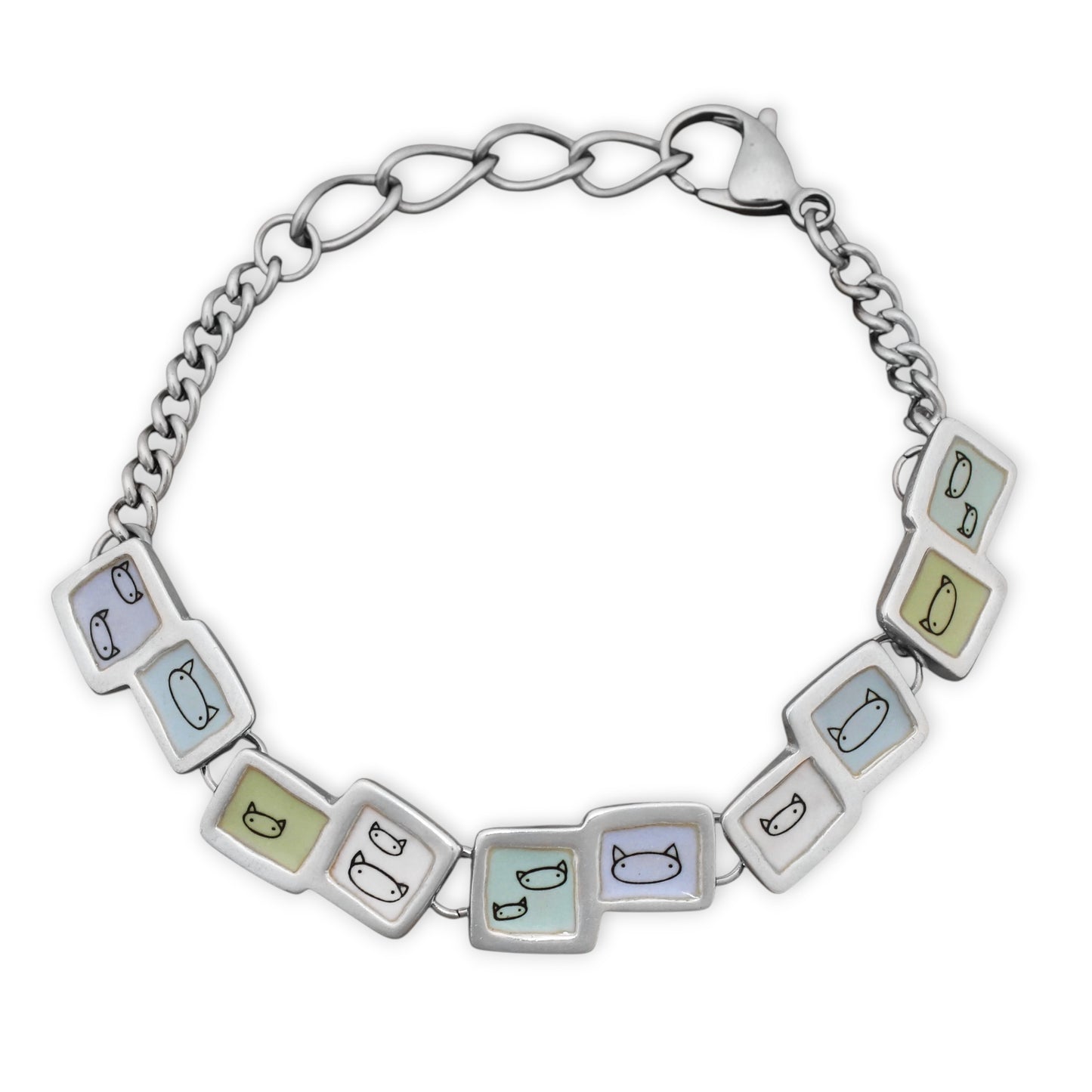 Pastel Blue and Green Cat Face Link Bracelet in Sterling Silver and Enamel