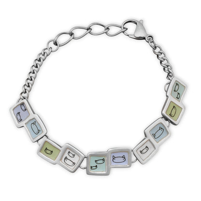 Pastel Blue and Green Cat Face Link Bracelet in Sterling Silver and Enamel