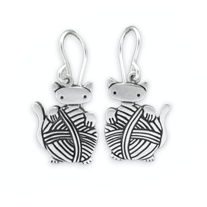 Sterling Silver Knitten Earrings - Cat and Yarn Earrings