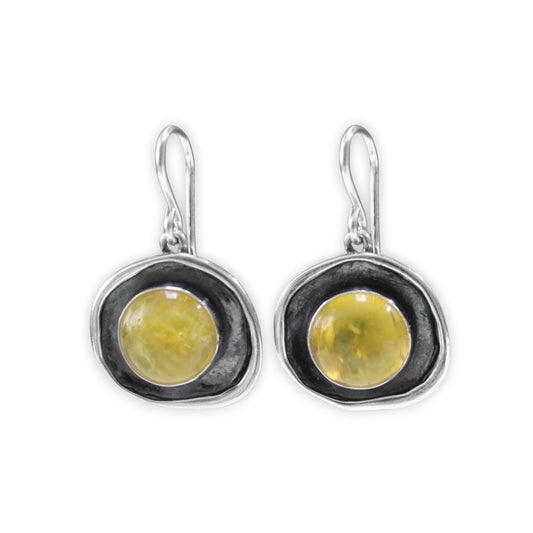 Yellow Opal Earrings - Opals Set in Unique Shadowbox Setting on French Hook Ear Wires