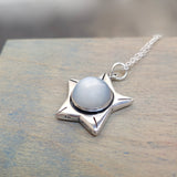 Sterling Silver Star Pendant with Moonstone Center on Adjustable Chain