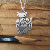 Sterling Silver Knitting Cat Charm Necklace on Adjustable Sterling Chain