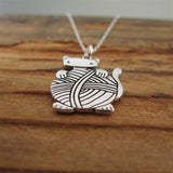 Sterling Silver Knitting Cat Charm Necklace on Adjustable Sterling Chain