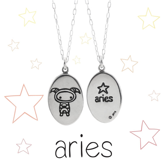 Oval Sterling Silver Aries Charm Necklace on Adjustable Chain - Zodiac Jewelry