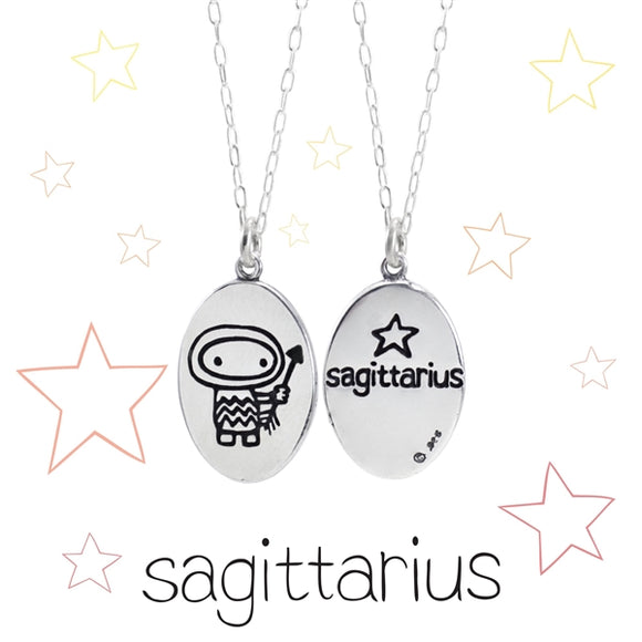 Oval Sterling Silver Sagittarius Charm Necklace on Adjustable Sterling Chain