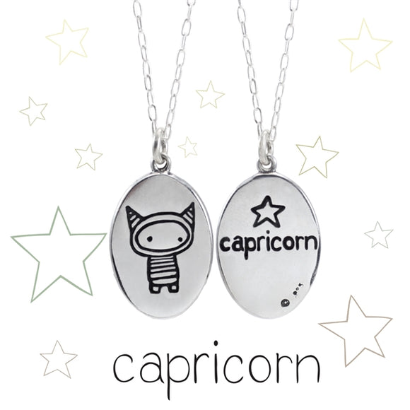 Oval Sterling Silver Capricorn Necklace on Adjustable Sterling Chain - Zodiac Charm