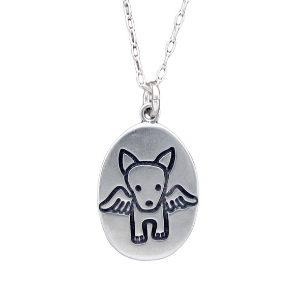 Oval Sterling Silver Angel Dog Necklace on Adjustable Chain - Custom Stamped Dog Memorial Charm Pendant