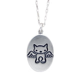 Oval Sterling Silver Angel Cat Necklace on Adjustable Chain - Custom Stamped Cat Memorial Charm Pendant