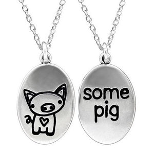 Oval Sterling Silver Pig Charm Necklace on Adjustable Sterling Chain