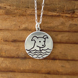 Round Sterling Silver Boat Cat and Swimming Dog Charm Necklace on Adjustable Chain