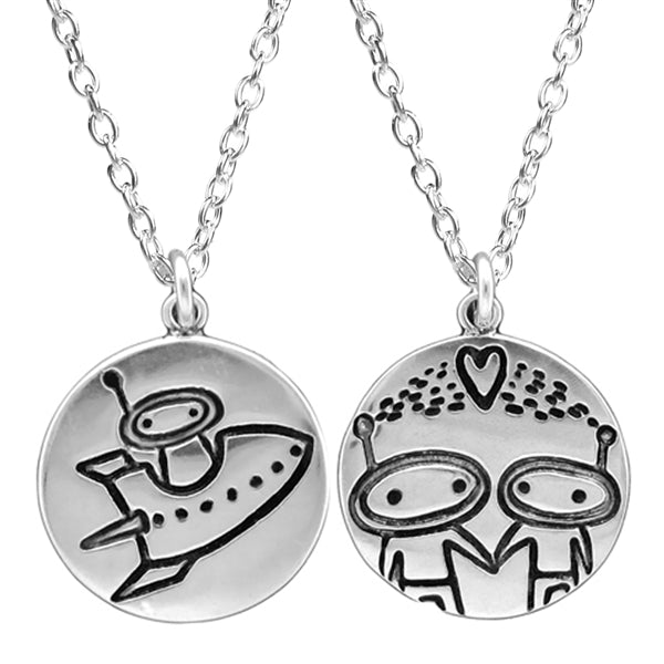 Mark Poulin Jewelry Sterling Silver Aliens in Love Keychain - Cute Rocket Ship Astronaut Key Fob - Alien Family Gift for Men and Women
