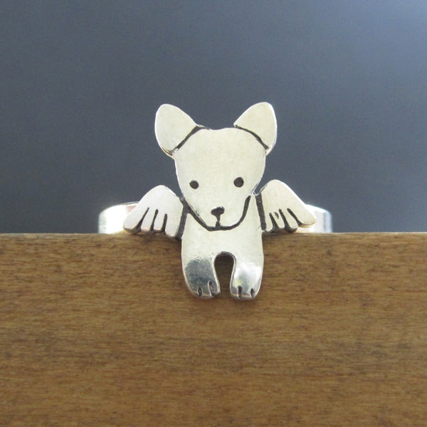 Sterling Silver Puppy Paw Print Ring With Angel Wings - Pet Memorial Or Dog Lover Jewelry