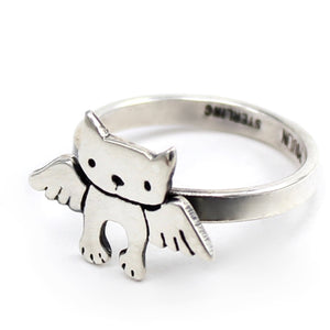 Sterling Silver Angel Cat Charm Ring - Cat Memorial Ring