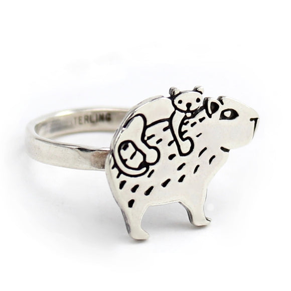 Sterling Silver Cat and Capybara Ring - Capybara Jewelry
