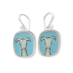 Sterling Silver and Enamel Dog Earrings - Collar Dog on Aquamarine Blue