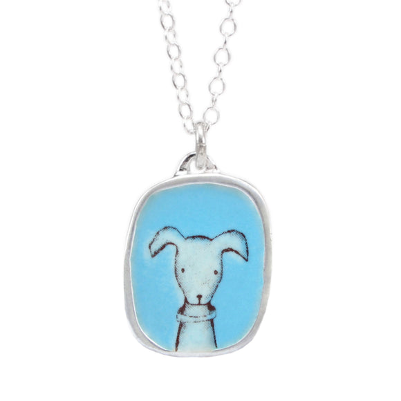Sterling Silver and Enamel Dog Necklace - Collar Dog on Aquamarine Blue