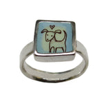 Sterling Silver and Enamel Love Dog Ring on Light Blue