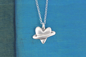 Sterling Silver Planet Heart Necklace on Adjustable Sterling Chain - Adorable Heart Charm