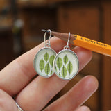 Sterling Silver Green Leaf Dangle Earrings - Vitreous Enamel Botanical Jewelry