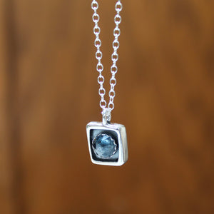Tiny Faceted Moss Kyanite and Sterling Silver Pendant - Shadowbox Style Teal Kyanite Necklace