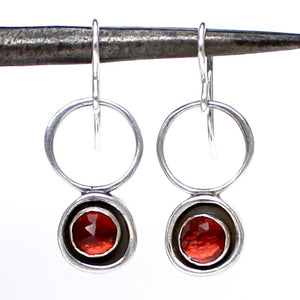 Modern Garnet Circle Earrings - Rose Cut Garnet and Sterling Silver Dangle Earrings