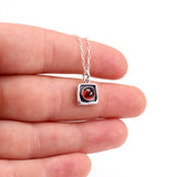 Sterling Silver Garnet Necklace - Tiny Modern Square Red Gemstone Pendant on Adjustable Sterling Chain